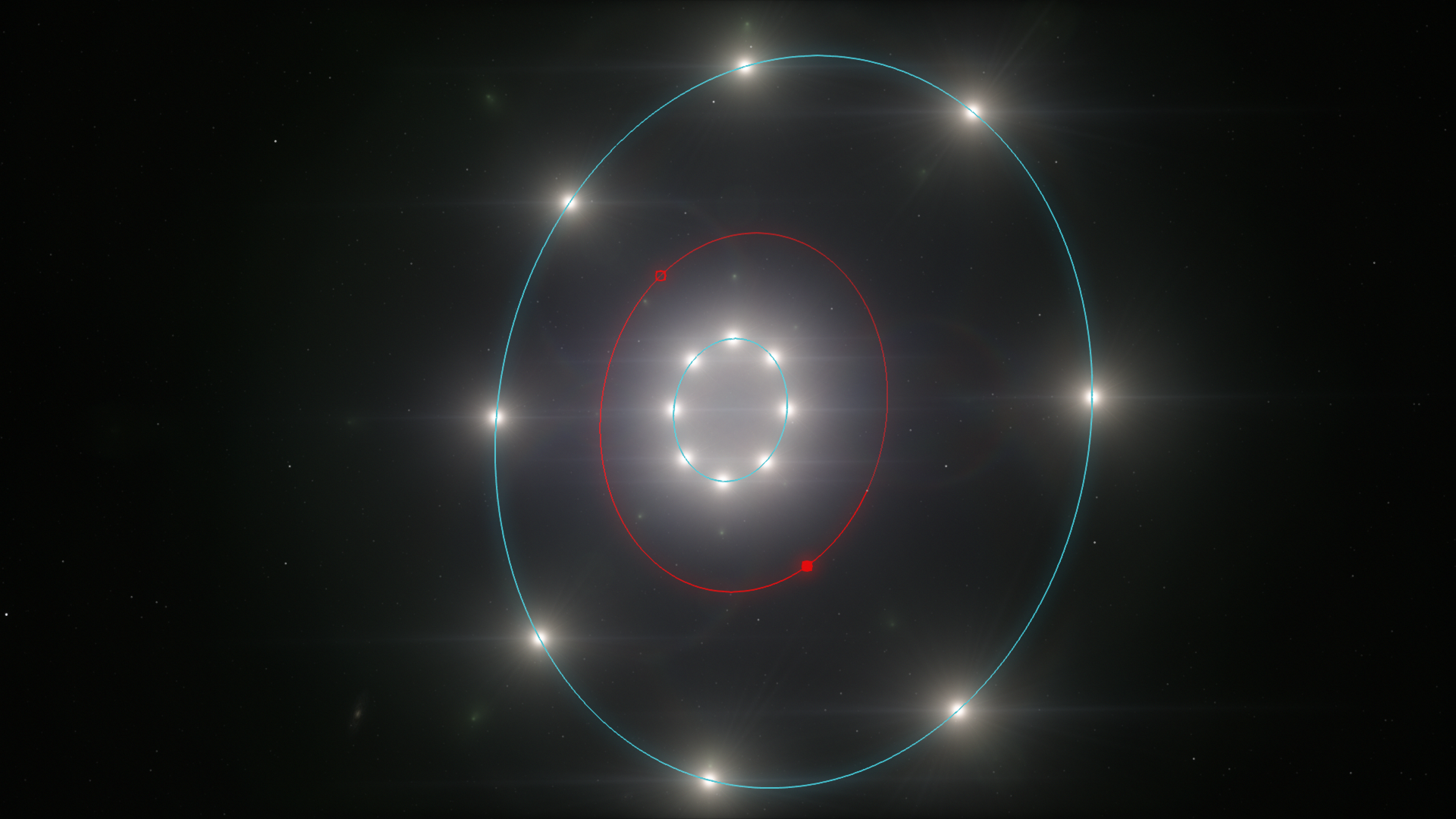 The Kalgash 4 system, with two rings of suns orbiting a black hole, and the Kalgash planet between them.