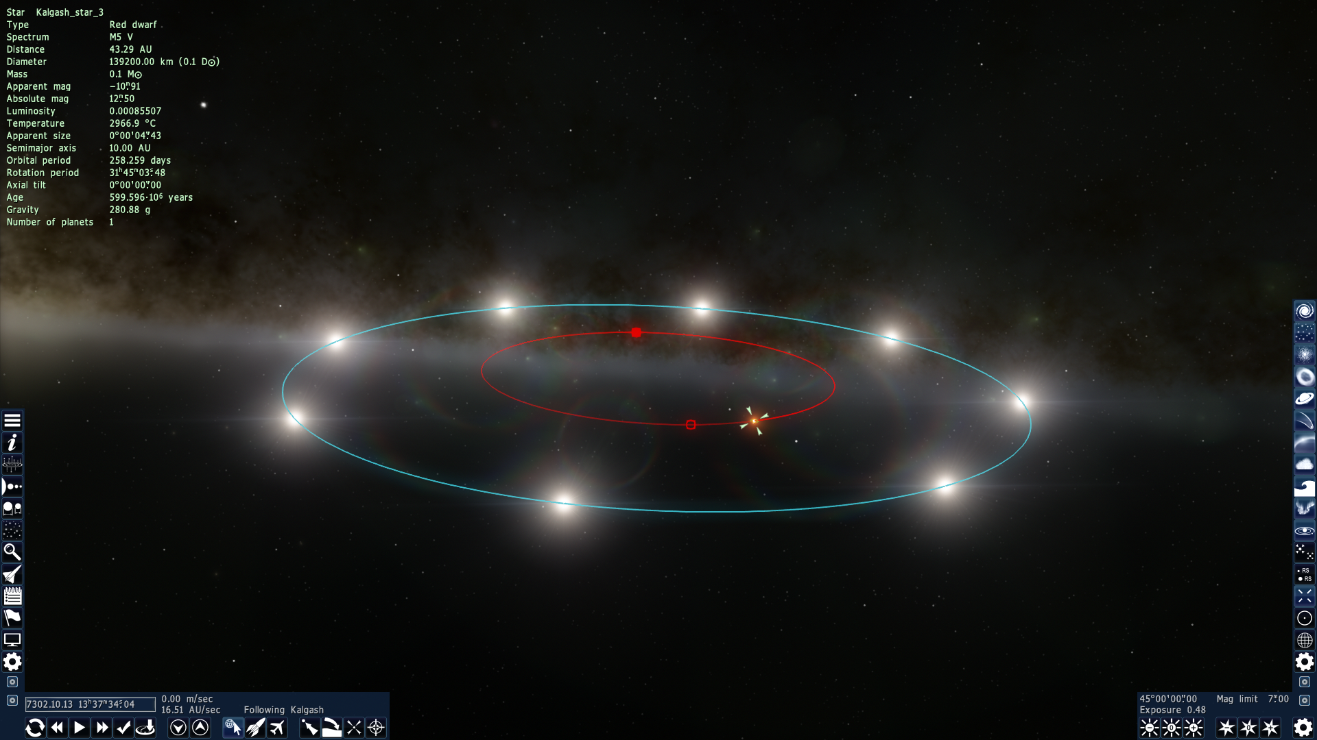 The Kalgash 2 system, with a ring of suns orbiting a black hole, and a red dwarf between them. The Kalgash planet is orbiting the red dwarf