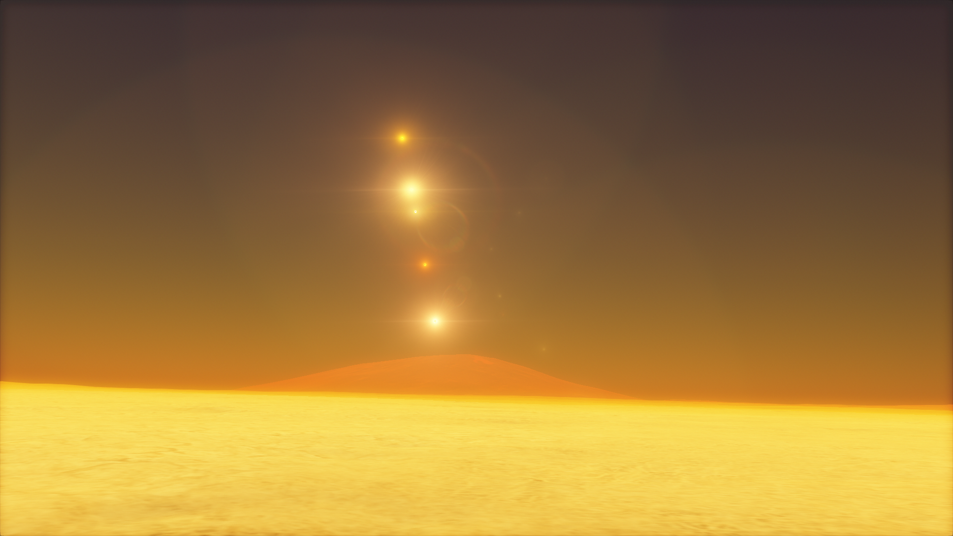 The Kalgash 5 system, as seen from the ground, with stars raising above a volcano.